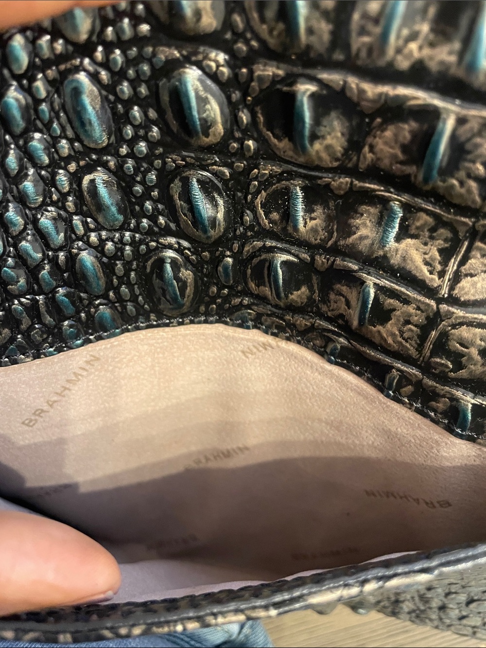 Brahmin Metallic Teal and Black Croc-Embossed Envelope Clutch - Picture 3 of 4